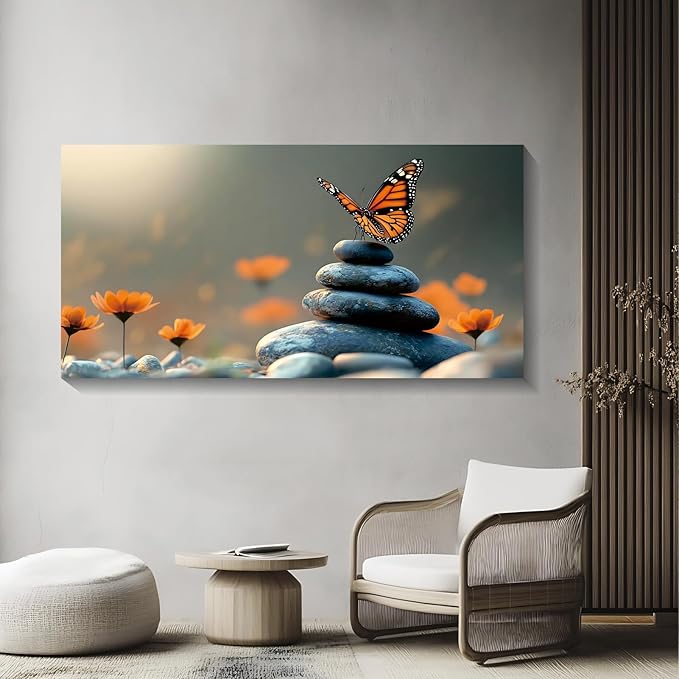 Iallbin Zen Stone Wall Art & Zen Wall Decor, Dark Smooth Rounded Stones Small Star-Shaped Golden-Yellow Flowers-for Yoga Meditation Room, Spa & Bathroom, Orange Monarch butterfly Art Deco Style, 58x29 Inches