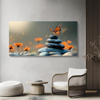 Iallbin Zen Stone Wall Art & Zen Wall Decor, Dark Smooth Rounded Stones Small Star-Shaped Golden-Yellow Flowers-for Yoga Meditation Room, Spa & Bathroom, Orange Monarch butterfly Art Deco Style, 58x29 Inches