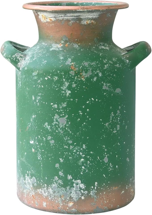 Rustic Vintage Metal Flower Vase for Decor Milk Jug Small Vases for Flowers Kitchen Decorations, Cylindrical,Perfect for Kitchen, Dining Room, Living Room,Housewarming Gift (DarkGreen)