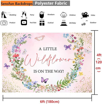 Sensfun Pink Floral A Little Wildflower is On Her Way Baby Shower Backdrop Banner Decorations Wild Flowers Theme Backdrops Background for Girls Baby in Bloom Baby Shower Party Decor Photo Props 6X4ft