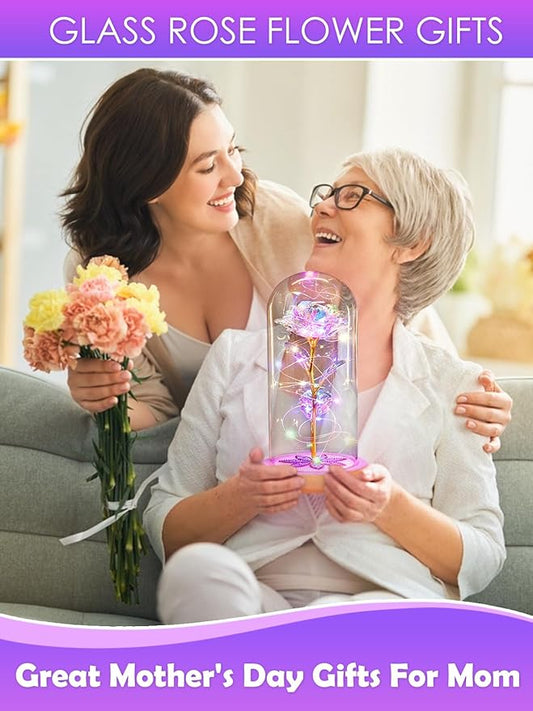 Mothers Day Flowers Gifts for Mom, Birthday Gifts for Women, Galaxy Glass Rose Gifts for Grandma Wife Daughter Artificial Forever Preserved Flowers for Delivery Prime Rose in Glass Dome, Colorful