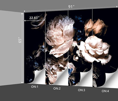Black Peony Floral Wallpaper Bedroom Pink Botanical Flowers Leaf murals Living Room tv Background Large Wall Mural Aesthetic Room Decor - 91"x65" Not Peel and Stick