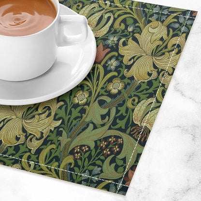 Vintage Floral Placemats Set of 4, William Morris Retro Boho Botanical Plant Place Mats, Heat Resistant Non Slip Cotton Linen Dining Table Mats for Home Kitchen Party 18x12 Inch