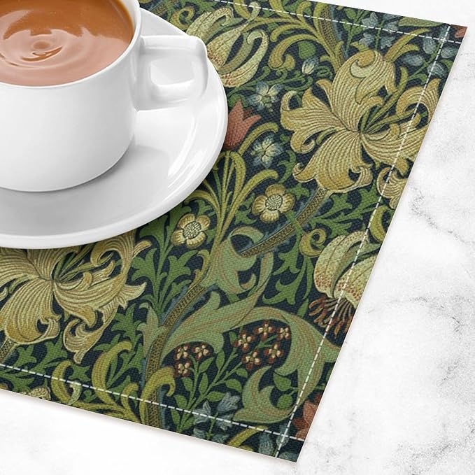 Vintage Floral Placemats Set of 6, William Morris Retro Boho Botanical Plant Place Mats, Heat Resistant Non Slip Cotton Linen Dining Table Mats for Home Kitchen Party 18x12 Inch