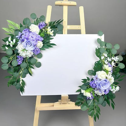 Artificial Wedding Arch Flowers (Pack of 2), White Wedding Flowers for Wedding Welcome Ceremony Sign Faux Floral Swags, Banquet and Reception Backdrop Floral Decoration (White & Purple)