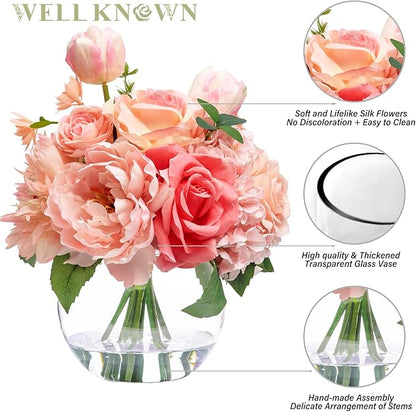 Artificial Flowers in Vase with Fake Water, Silk Tulips Peony Rose Flowers Bouquet with Glass Vase for Home Birthday Party Wedding Dinning Table Centerpieces Office Hotel Decor Gift (Peach Pink Mixed)