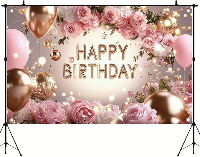 Pink Rose Happy Birthday Backdrop Banner Gold Glitter Crown Photography Background Women Girls Birthday Party Decoration Balloon Gift Floral Banner Photo Booth Props 71x43 Inch