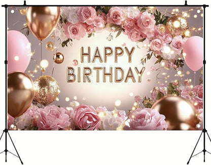 Pink Rose Happy Birthday Backdrop Banner Gold Glitter Crown Photography Background Women Girls Birthday Party Decoration Balloon Gift Floral Banner Photo Booth Props 71x43 Inch