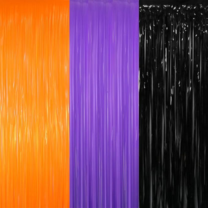GOER 3.2 ft x 8.2 ft Metallic Tinsel Foil Fringe Curtains for Halloween Birthday Graduation New Year's Party Decorations(1 Pack,Black&Orange&Purple)