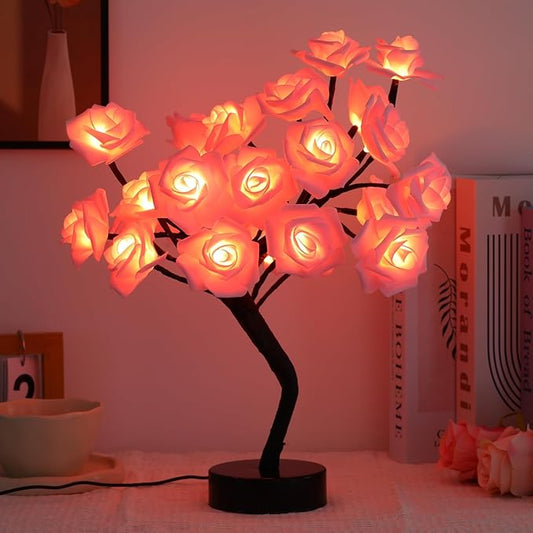 Drawelry Rose Flower Tree Lamp - LED Rose Tree Table Lamp USB/Battery Powered Artificial Bonsai Flower Night Light for Bedroom Living Room Party Wedding Birthday Decor (Pink)