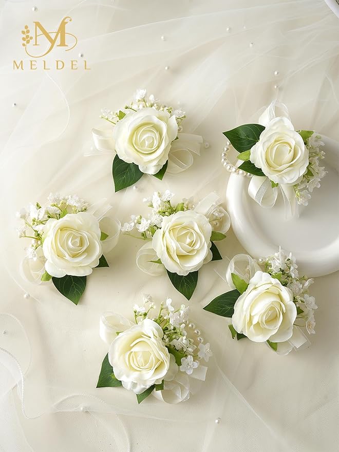 Meldel 6 Pcs Ivory White Rose Wrist Corsage for Wedding, Bride Bridesmaids Corsages, Pearls Bracelet Wrist Flower for Prom Homecoming Party, Wrist Corsage for Mother of Bride and Groom Wedding Decor