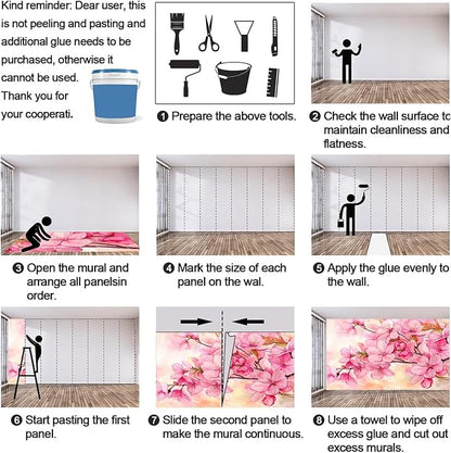 Watercolor Cherry Blossom Wall Mural, Japanese Cherry Blossom 3D Wall Murals, Simple Elegant Flowers Wallpaper Mural, for Living Room Bedroom Large Wallpaper Indoor Decor 177.16" W x120 H
