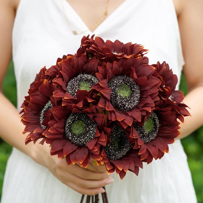 DuHouse 12pcs Artificial Sunflowers with Stems 5.5" Silk Sunflowers Bulk for Wedding Home Garden Outdoor Party Decoration(Red)