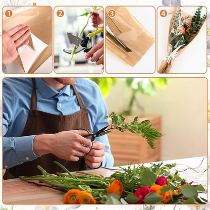 50Pcs Flower Bouquet Wrapping Paper Bags - Kraft Paper & Clear Sleeves for Bouquets, Flower Bar Supplies, Wedding, Mother’s Day, Graduation Gift, 9.45x3.74x17.75 Inch
