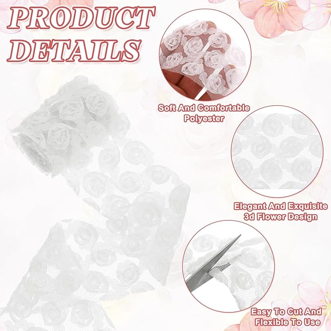 uxcell 2PCS Lace Trim Ribbon, 2.36 inch - 1 Yard 3D Rose Floral Embroidery Ribbons Edge Trimming for Sewing, Wedding Dress, DIY Crafts, Decoration Accessories, White