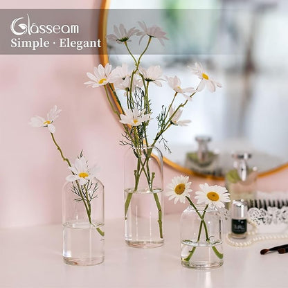 Glasseam Small Bud Vases for Flowers, Handmade Glass Vases for Centerpieces, Unique Flower Vase Set of 3, Cute Blown Clear Vases for Decor, Minimalist Centerpiece Table Wedding Decorations