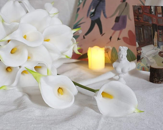DuHouse 20Pcs Artificial Calla Lily Flower Real Touch Latex Flowers for DIY Wedding Bouquet Party Home Decor (White-Yellow Core)