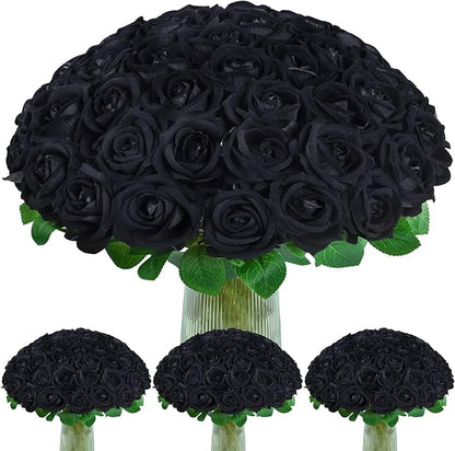 BLEUM CADE 100 Pcs Black Roses Artificial Flowers, Real Touch Velvet Roses Fake Flowers Bulk, Artificial Roses Bouquet with Long Stems Bridal DIY Wedding Party Centerpiece Decorations