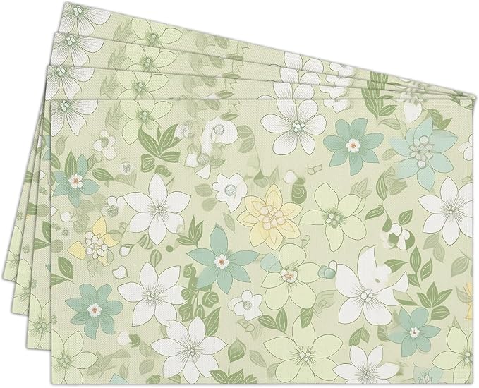 Cotton Linen Waterproof Placemats Set of 4, Sage Green Floral Dining Mat Table Mats Decor Fabric for Kitchen Dinner Coffee Shop Table, Indoor/Outdoor Washable Wipeable Placemat -N028