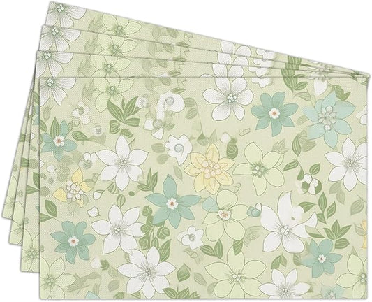 Cotton Linen Waterproof Placemats Set of 4, Sage Green Floral Dining Mat Table Mats Decor Fabric for Kitchen Dinner Coffee Shop Table, Indoor/Outdoor Washable Wipeable Placemat -N028