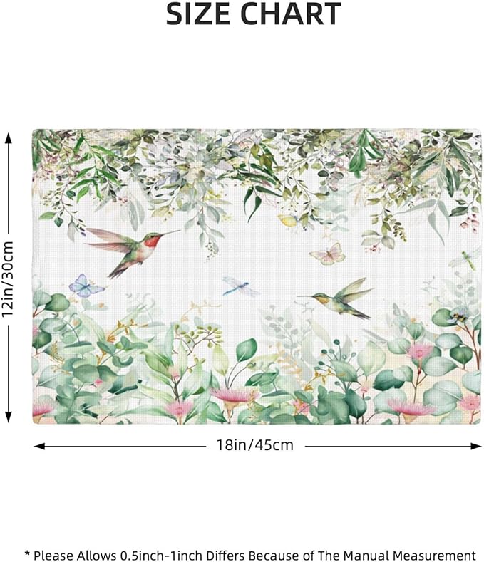 Natural Bird Placemats, Green Spring Watercolour Botanical Flower Butterfly Hummingbird Fly Print Washable Fabric Placemats Table Kitchen Dining Party 12x18 Inch Set of 6