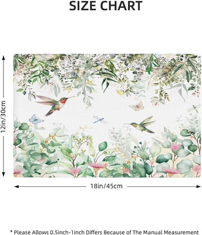 Natural Bird Placemats, Green Spring Watercolour Botanical Flower Butterfly Hummingbird Fly Print Washable Fabric Placemats Table Kitchen Dining Party 12x18 Inch Set of 6