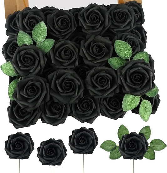 MACTING 60PCS Black Artificial Flowers Real Touch Fake Flowers with Stem Foam Roses for DIY Wedding Bouquets Table Centerpieces Bridal Shower Party Holiday Home Valentines Day Decorations