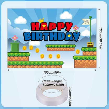 Cartoon Happy Birthday Backdrop, 150 * 100cm/5 * 3ft Video Game Themed Birthday Banner Cute Wall Hanging Decoration for Party Celebration Supplies