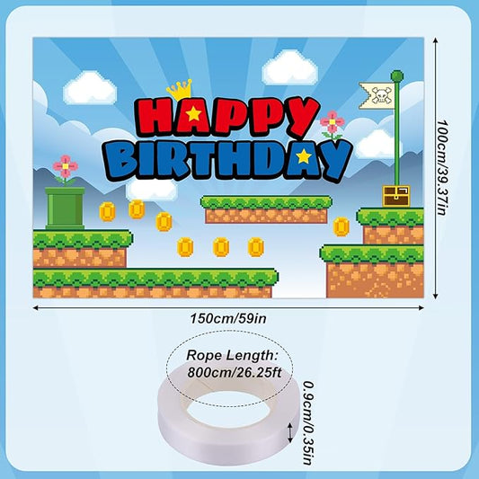 Cartoon Happy Birthday Backdrop, 150 * 100cm/5 * 3ft Video Game Themed Birthday Banner Cute Wall Hanging Decoration for Party Celebration Supplies
