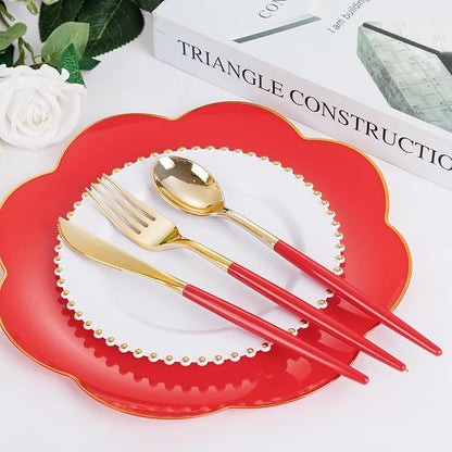 Supernal 102PCS Red Plastic Silverware, Gold Plastic Utensils with Red Handle, Gold Disposable Utensils Heavy Duty Includes 34 Forks, 34 Spoons and 34 Knives prefect for party, wedding & Mother's day