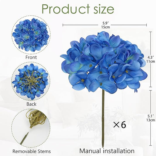 Hollyone 6 Pcs Blue Hydrangea Artificial Flowers Heads with Stems Silk Faux Hydrangea Navy Blue Fake Flowers for Home Indoor Outdoor DIY Floral Wedding Flower Bouquets Kitchen Table Centerpiece Decor