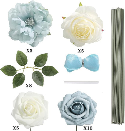 Artificial Flowers Combo Box Set Gradient Color Flower Leaf with Stems for DIY Wedding Bouquets Centerpieces Baby Shower Party Home Decor (Blue & White)