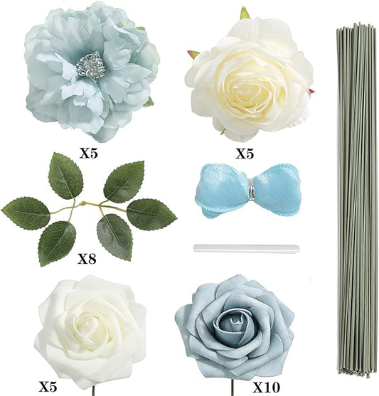 Artificial Flowers Combo Box Set Gradient Color Flower Leaf with Stems for DIY Wedding Bouquets Centerpieces Baby Shower Party Home Decor (Blue & White)