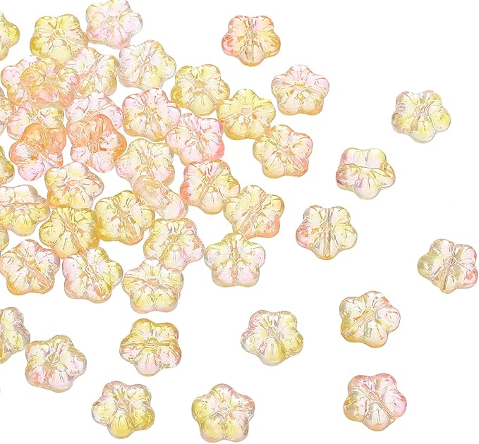 PATIKIL Random Glass Flower Beads, 50Pack Transparent Floral Beads Hibiscus Beads for DIY Jewelry Making Bracelets Bulk, Yellow/Pink