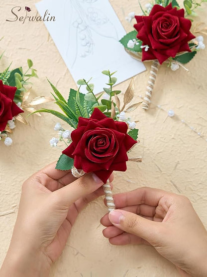 Serwalin 6PCS Red Rose Boutonniere for Men Wedding Groom Groomsmen Best Man Boutonniere for Wedding Ceremony Anniversary Prom Flowers Formal Dinner Party, Red