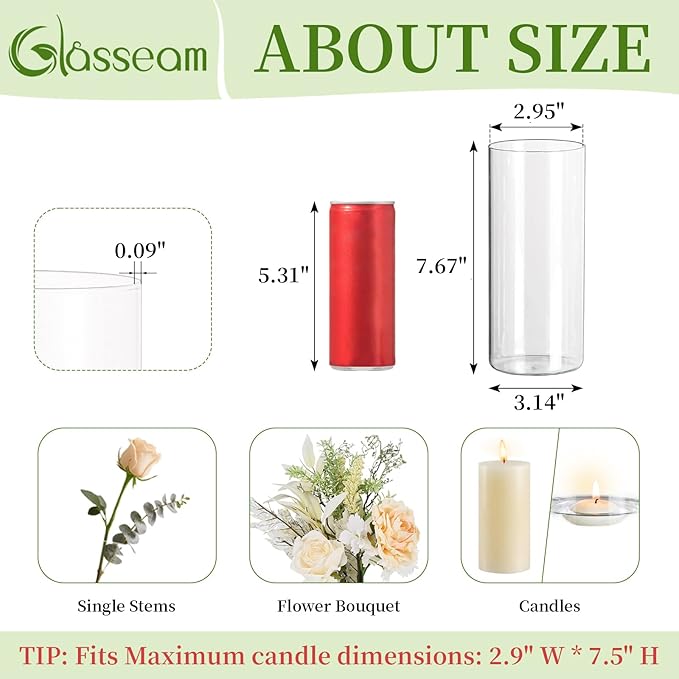 Glasseam Clear Cylinder Vase Set of 6, Modern Glass Vases for Centerpieces, Floating Candle Vases for Decor, Decorative Hurricane Candle Holders for Pillar Candles Wedding Table Decorations, 8in