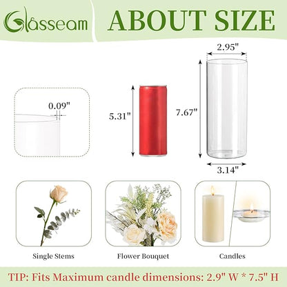 Glasseam Clear Cylinder Vase Set of 6, Modern Glass Vases for Centerpieces, Floating Candle Vases for Decor, Decorative Hurricane Candle Holders for Pillar Candles Wedding Table Decorations, 8in