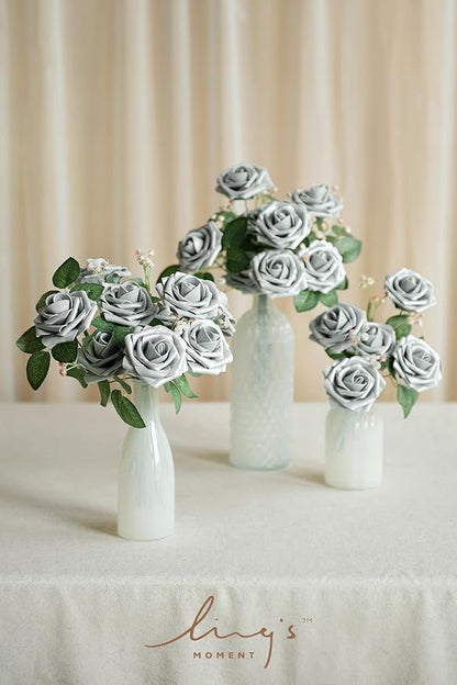 Ling's moment Artificial Flowers 25Pcs Shimmer Grey Roses Decor w/Stems,3" Real Touch DIY Foam Floral for Wedding Bouquet/Centerpieces, Outdoors Party Backdrop, Room/Table, and Garden/Pot Decorations