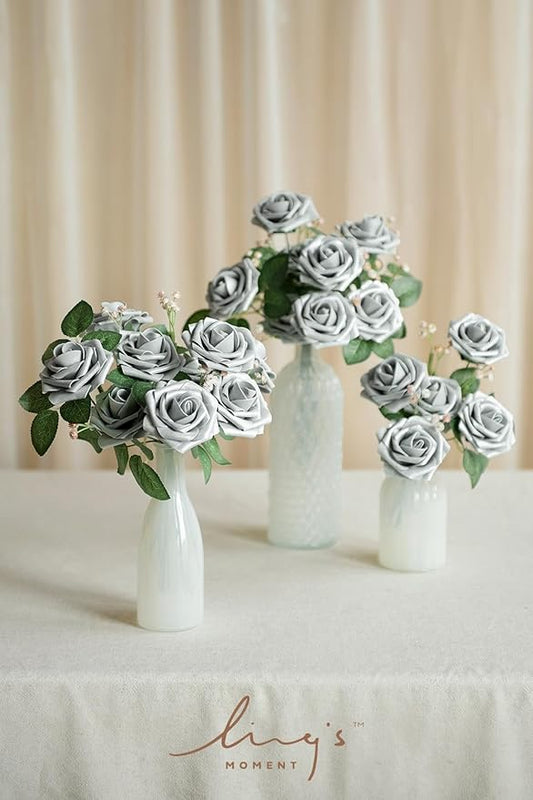 Ling's moment Artificial Flowers 25Pcs Shimmer Grey Roses Decor w/Stems,3" Real Touch DIY Foam Floral for Wedding Bouquet/Centerpieces, Outdoors Party Backdrop, Room/Table, and Garden/Pot Decorations
