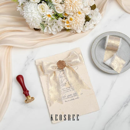 Champagne Gold Silk Chiffon Ribbon,Ivory White Frayed Shimmery Silk Ribbon for Bridal Flower Bouquet Gift Wrapping Wedding Decor Invitations Decorations 1.5" x 15 Yards (5Yards X 3 Rolls)