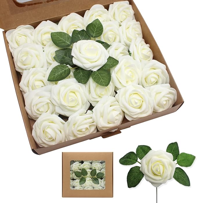 Artificial Roses Flowers 100pcs Milk White Real Looking Foam Fake Roses with Stems for DIY Wedding Bouquets Bridal Shower Centerpieces Party Decorations (100, Milk White)