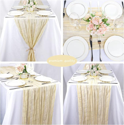 Fivenl 12 Pack Cheesecloth Table Runner 35x72 Inch Boho Gauze Table Runner Rustic Cheese Cloth Long Table Runner Romantic Table Runner for Wedding Bridal Shower Birthday Party Table Decor (Beige)
