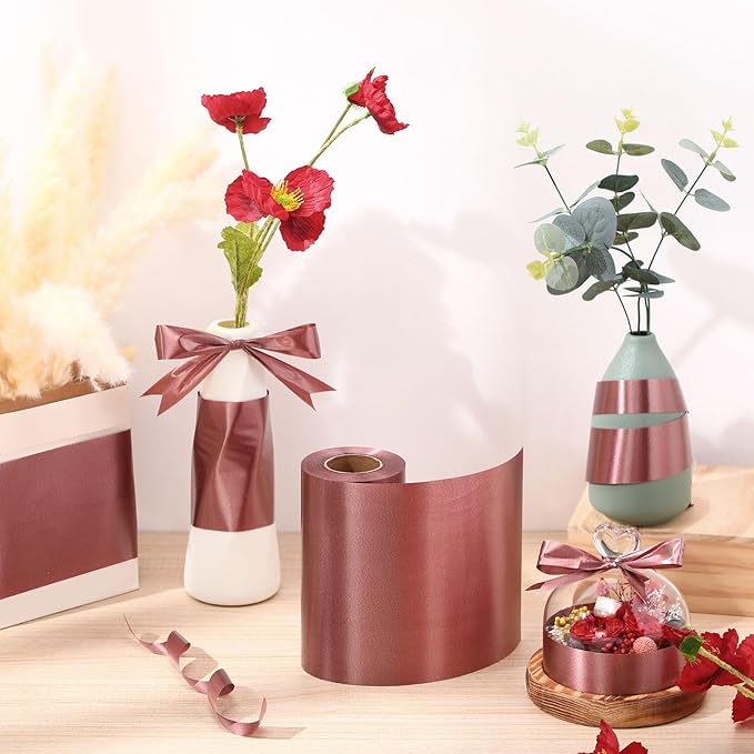 Syhood Outdoor Leaf Ribbon Floral Satin Ribbon for Crafts Aspidistra Waterproof Holiday Outdoor Decoration(6 Inch X 30 Yards,Brown)