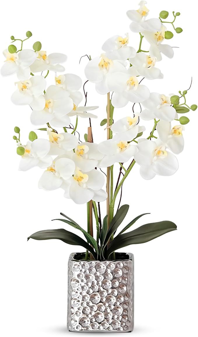 SJC Orchid Artificial Flowers with Sliver Vase Large Silk Faux Phalaenopsis Flowers for Dining Room Table Floral Centerpieces Indoor Decoration,White