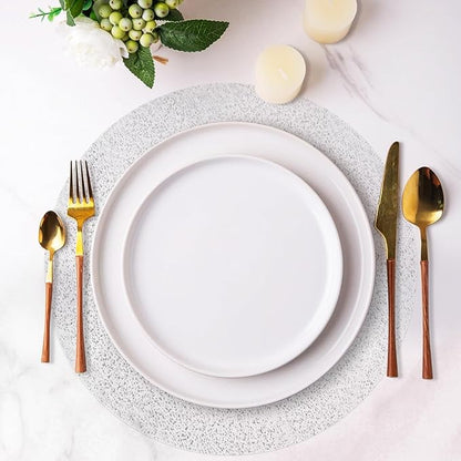 Hysenm 100 Pcs Disposable Silver Placemats Set Metallic 13 Inch Round Foil Mesh Pressed Table Doilies, Ultra-Thin Disposable Placement Mats for Home Decoration Dining Table Wedding Birthday Party