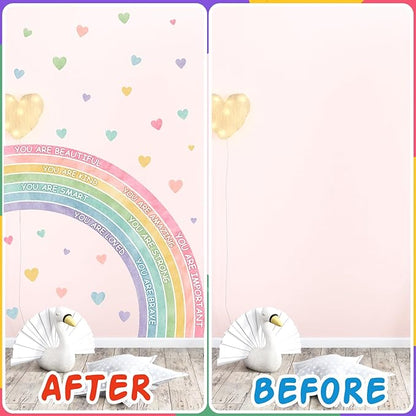 Large Rainbow Wall Sticker Watercolors Inspirational Wall Decal Baby Girls Bedroom Walls Decor Half Rainbow Decals Peel and Stick Pastel Pink Vinyl Art Mural Sticker for Toddler Playroom Kids Nursery