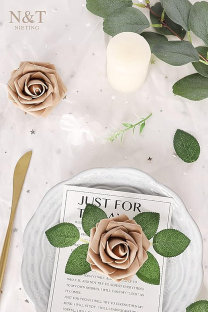 N&T NIETING Artificial Flowers Light Brown Roses, 50 Pcs Faux Flowers Fake Flowers Perfect for DIY Wedding Bouquets Centerpieces Birthday Party Home Flower Arrangement Decorations Fall Flowers