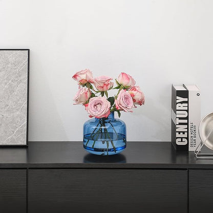 Short Glass Vase, Blue Glass Vase, Short Flower Vase, Round Glass Vase, Small Glass Vases for Flowers, 6 Inch Glass Flower Vases for Living Room, Dining Table, Wedding, Bookshelf, Office Decor
