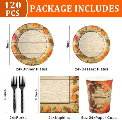 Fall Thanksgiving Birthday Party Plates and Napkins Decorations Kit, Wooden Grain Maple Leaf Tableware Supplies for Birthday Leaves Favors Party Decor Service 24 Guests