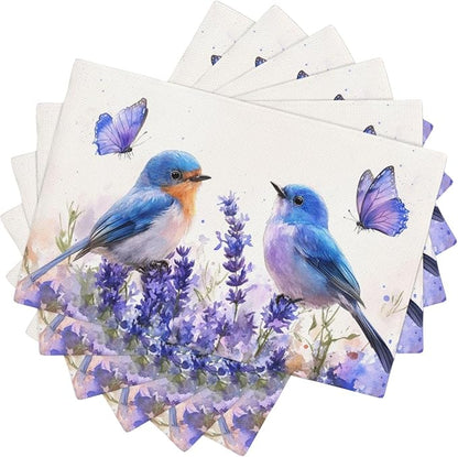 Lavender Birds Placemats Set of 6 Washable Table Mats Spring Floral Flower Heat-Resistant Cotton Linen Place Mats for Dining Table Kitchen Indoor Outdoor Party Holiday Decor